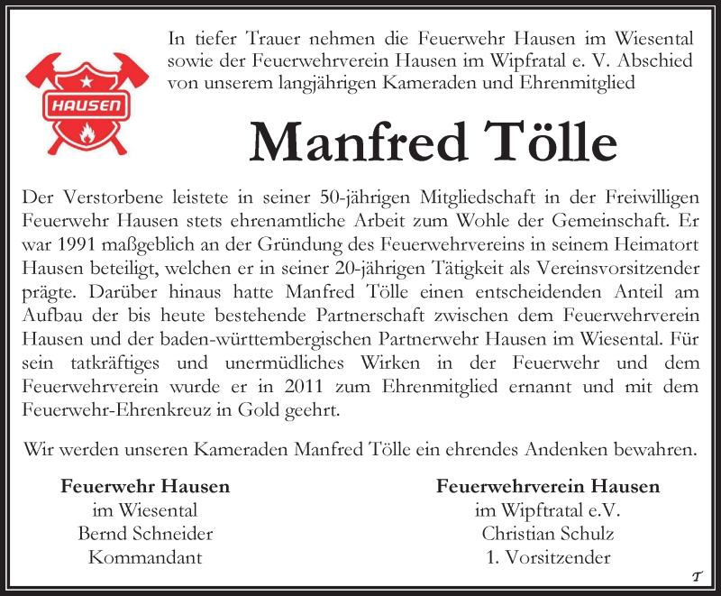  Traueranzeige für Manfred Tölle vom 27.03.2021 aus Thüringer Allgemeine
