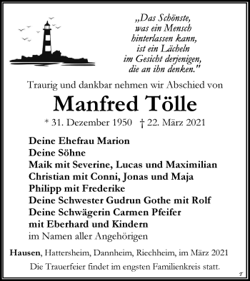 Traueranzeige von Manfred Tölle von Thüringer Allgemeine