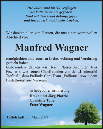 Traueranzeige von Manfred Wagner von Thüringer Allgemeine, Thüringische Landeszeitung