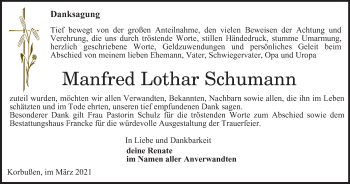 Traueranzeige von Manfred Lothar Schumann von Ostthüringer Zeitung