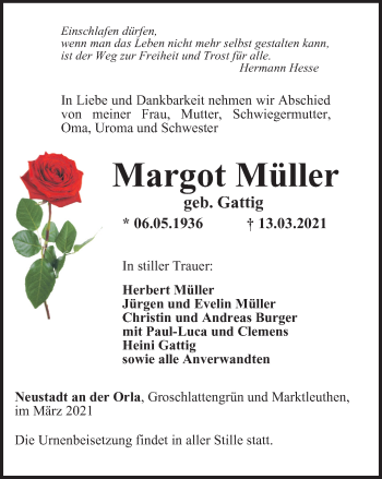 Traueranzeige von Margot Müller