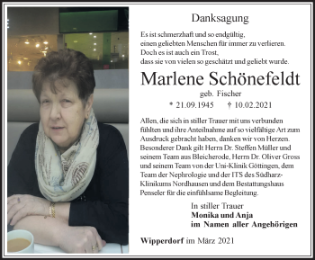 Traueranzeige von Marlene Schönefeldt von Thüringer Allgemeine