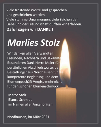 Traueranzeige von Marlies Stolz von Thüringer Allgemeine