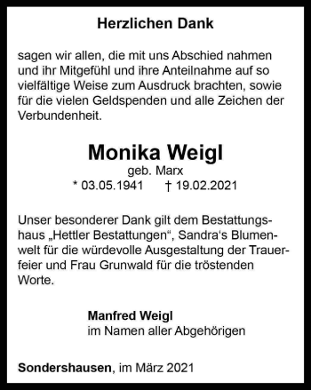 Traueranzeige von Monika Weigl von Thüringer Allgemeine