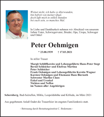 Traueranzeige von Peter Oehmigen