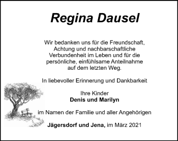 Traueranzeige von Regina Dausel von Ostthüringer Zeitung, Thüringische Landeszeitung