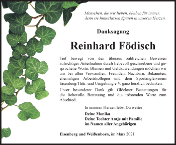 Traueranzeige von Reinhard Födisch von Ostthüringer Zeitung