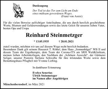 Traueranzeige von Reinhard Steinmetzger von Ostthüringer Zeitung