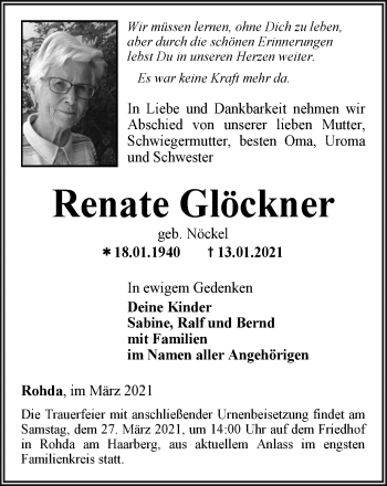 Traueranzeige von Renate Glöckner von Thüringer Allgemeine, Thüringische Landeszeitung