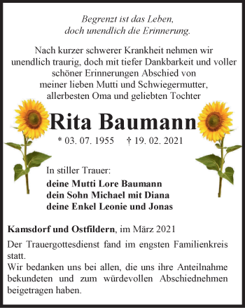 Traueranzeige von Rita Baumann von Ostthüringer Zeitung