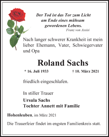 Traueranzeige von Roland Sachs von Ostthüringer Zeitung