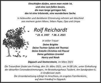 Traueranzeige von Rolf Reichardt von Thüringer Allgemeine, Thüringische Landeszeitung