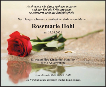 Traueranzeige von Rosemarie Hohl