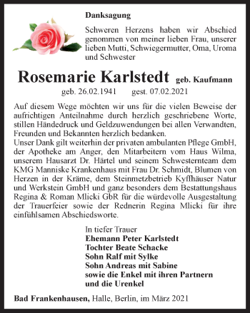 Traueranzeige von Rosemarie Karlstedt von Thüringer Allgemeine