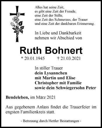 Traueranzeige von Ruth Bohnert von Thüringer Allgemeine