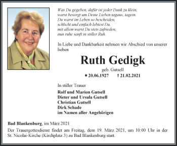 Traueranzeige von Ruth Gedigk von Ostthüringer Zeitung