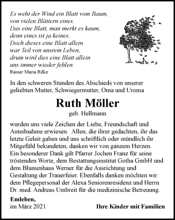 Traueranzeige von Ruth Möller von Thüringer Allgemeine, Thüringische Landeszeitung