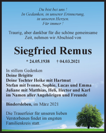 Traueranzeige von Siegfried Remus von Thüringer Allgemeine, Thüringische Landeszeitung