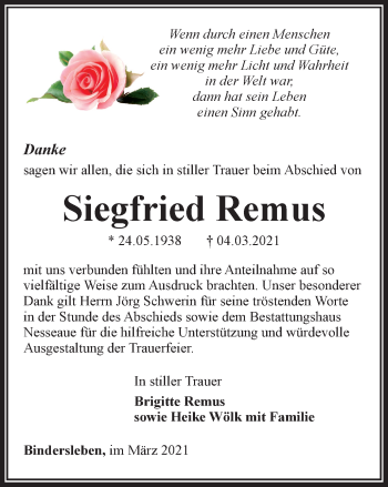 Traueranzeige von Siegfried Remus von Thüringer Allgemeine, Thüringische Landeszeitung