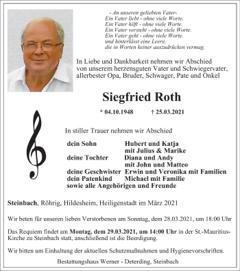 Traueranzeige von Siegfried Roth von Thüringer Allgemeine