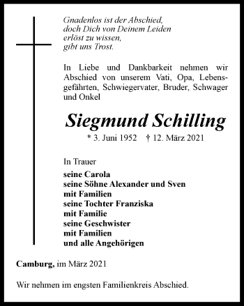 Traueranzeige von Siegmund Schilling von Ostthüringer Zeitung, Thüringische Landeszeitung