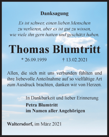 Traueranzeige von Thomas Blumtritt von Ostthüringer Zeitung