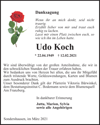 Traueranzeige von Udo Koch