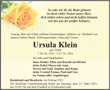 Traueranzeige von Ursula Klein von Ostthüringer Zeitung