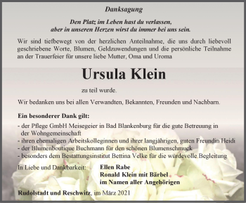 Traueranzeige von Ursula Klein von Ostthüringer Zeitung