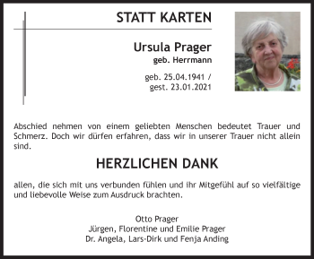 Traueranzeige von Ursula Prager von Ostthüringer Zeitung