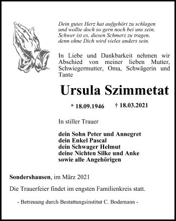 Traueranzeige von Ursula Szimmetat