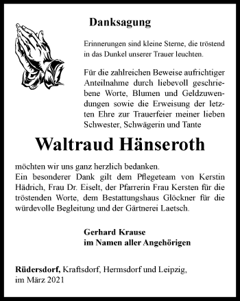 Traueranzeige von Waltraud Hänseroth von Ostthüringer Zeitung