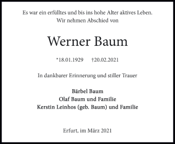 Traueranzeige von Werner Baum