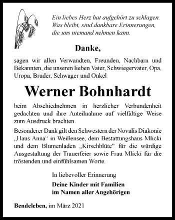 Traueranzeige von Werner Bohnhardt von Thüringer Allgemeine