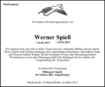 Traueranzeige von Werner Spieß von Thüringer Allgemeine