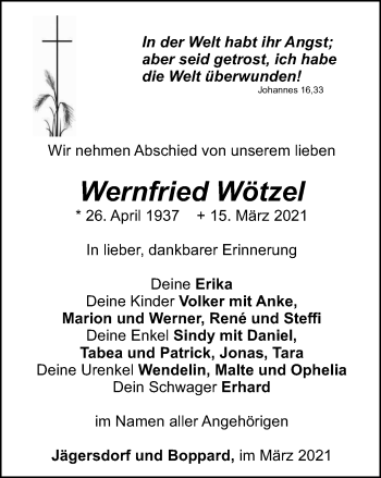 Traueranzeige von Wernfried Wötzel von Ostthüringer Zeitung, Thüringische Landeszeitung