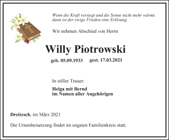 Traueranzeige von Willy Piotrowski