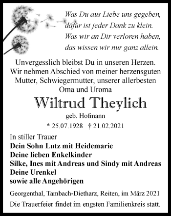 Traueranzeige von Wiltrud Theylich von Thüringer Allgemeine, Thüringische Landeszeitung