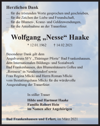 Traueranzeige von Wolfgang Haake von Thüringer Allgemeine