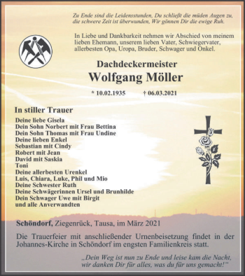 Traueranzeige von Wolfgang Möller von Ostthüringer Zeitung