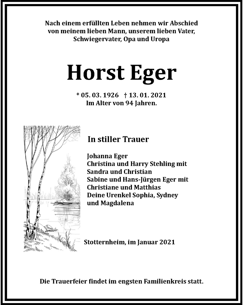  Traueranzeige für Horst Eger vom 30.01.2021 aus TA