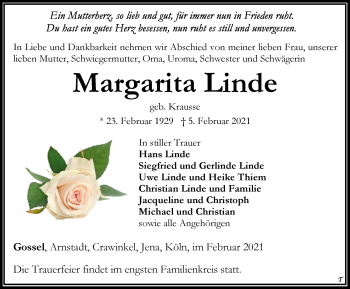 Traueranzeige von Margarita Linde von Thüringer Allgemeine