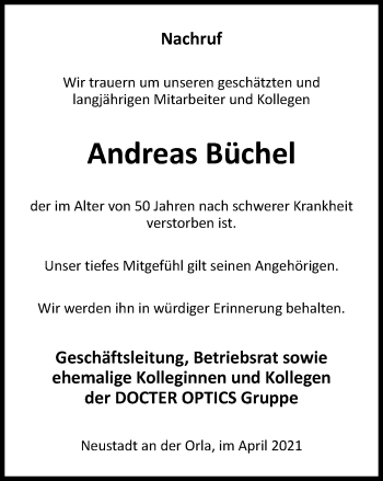 Traueranzeige von Andreas Büchel von Ostthüringer Zeitung