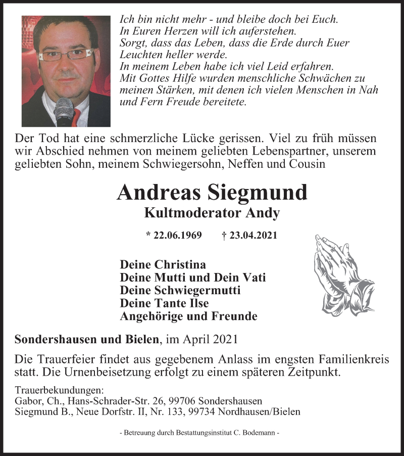  Traueranzeige für Andreas Siegmund vom 30.04.2021 aus Thüringer Allgemeine