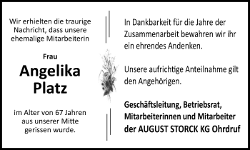 Traueranzeige von Angelika Platz von Thüringer Allgemeine, Thüringische Landeszeitung