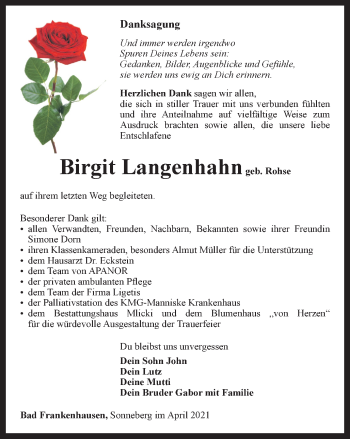 Traueranzeige von Birgit Langenhahn von Thüringer Allgemeine