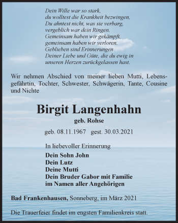 Traueranzeige von Birgit Langenhahn von Thüringer Allgemeine