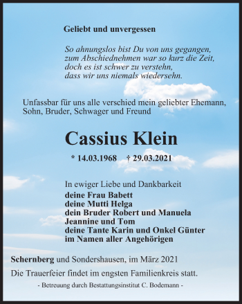 Traueranzeige von Cassius Klein