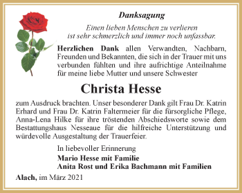 Traueranzeige von Christa Hesse von Thüringer Allgemeine, Thüringische Landeszeitung