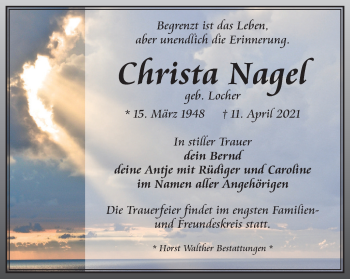 Traueranzeige von Christa Nagel von Thüringer Allgemeine, Thüringische Landeszeitung